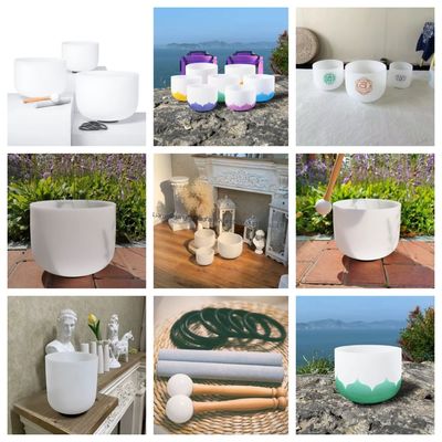 8-20 นิ้ว 99.99% Quartz Crystal Singing Bowl Set in Transparent Pearl White สําหรับการบําบัดเสียงและสมาธิ